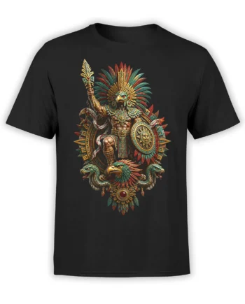 Black T-shirt with a feathered bird warrior, sun shield, serpents, and eagle artwork in red, teal, and gold tones