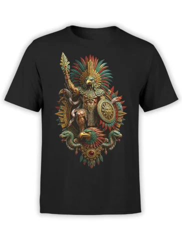 Black T-shirt with a feathered bird warrior, sun shield, serpents, and eagle artwork in red, teal, and gold tones