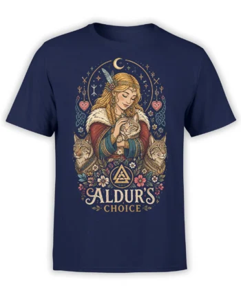 Front view of a navy cat T-shirt with a moonlit woman, three feline guardians, flowers, runes, and gold lettering