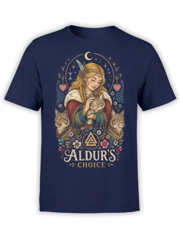 Front view of a navy cat T-shirt with a moonlit woman, three feline guardians, flowers, runes, and gold lettering