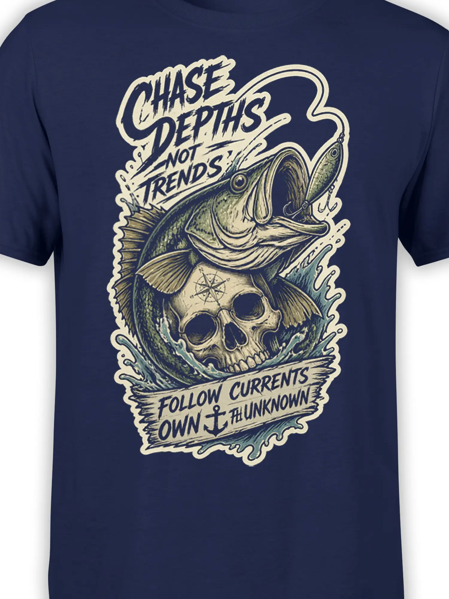 Close-up of the navy fishing graphic showing the fish, skull, compass, hook, waves, and vintage lettering