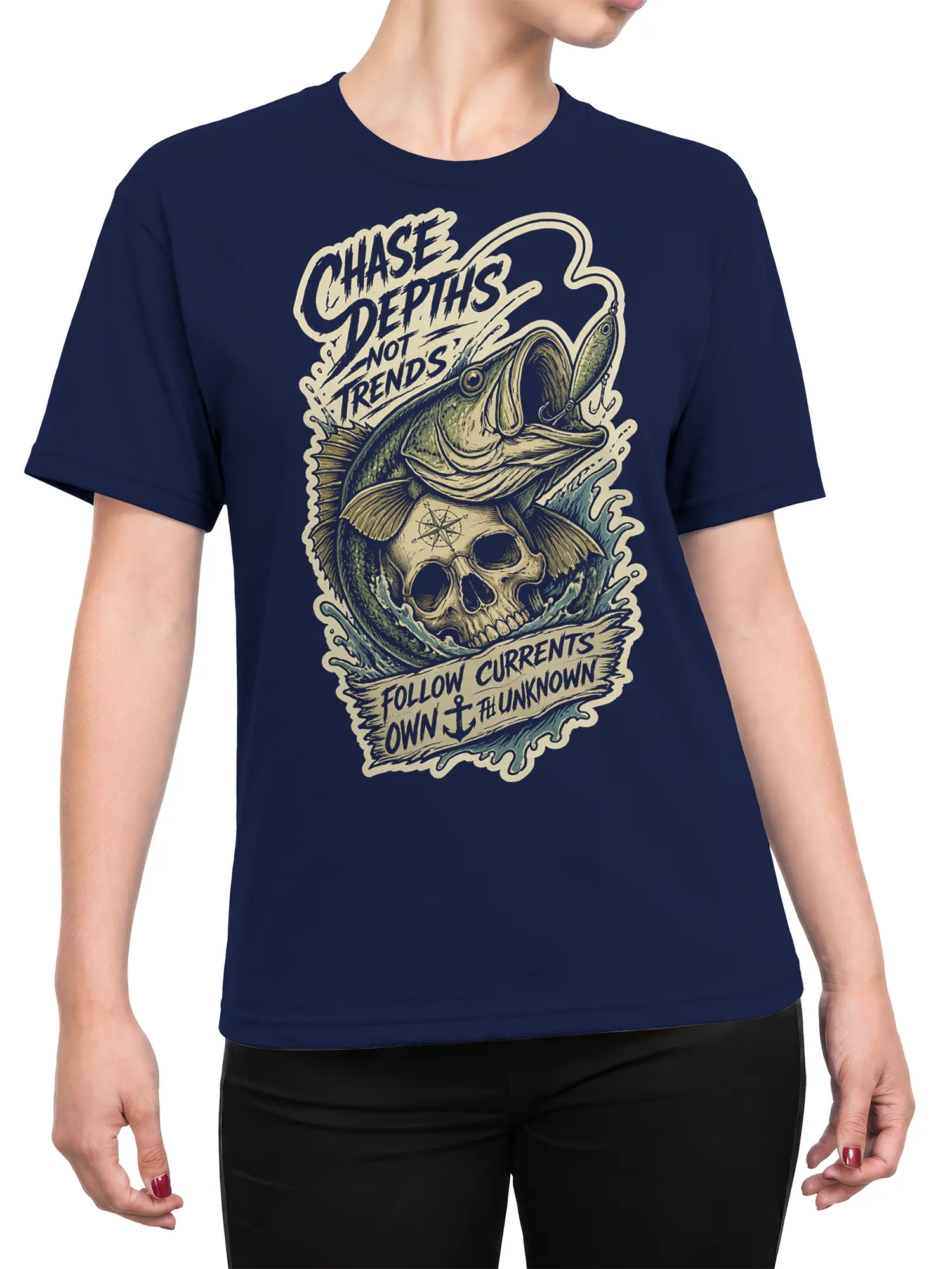 Female torso wearing a navy fishing T-shirt with a fish skull graphic, compass, waves, and vintage lettering