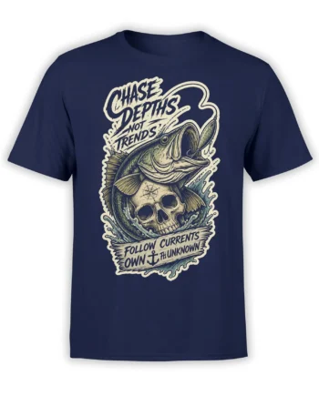 Navy fishing T-shirt with a vintage fish, skull, compass, waves, and “Chase Depths Not Trends” lettering