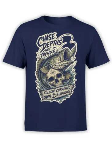 Navy fishing T-shirt with a vintage fish, skull, compass, waves, and “Chase Depths Not Trends” lettering