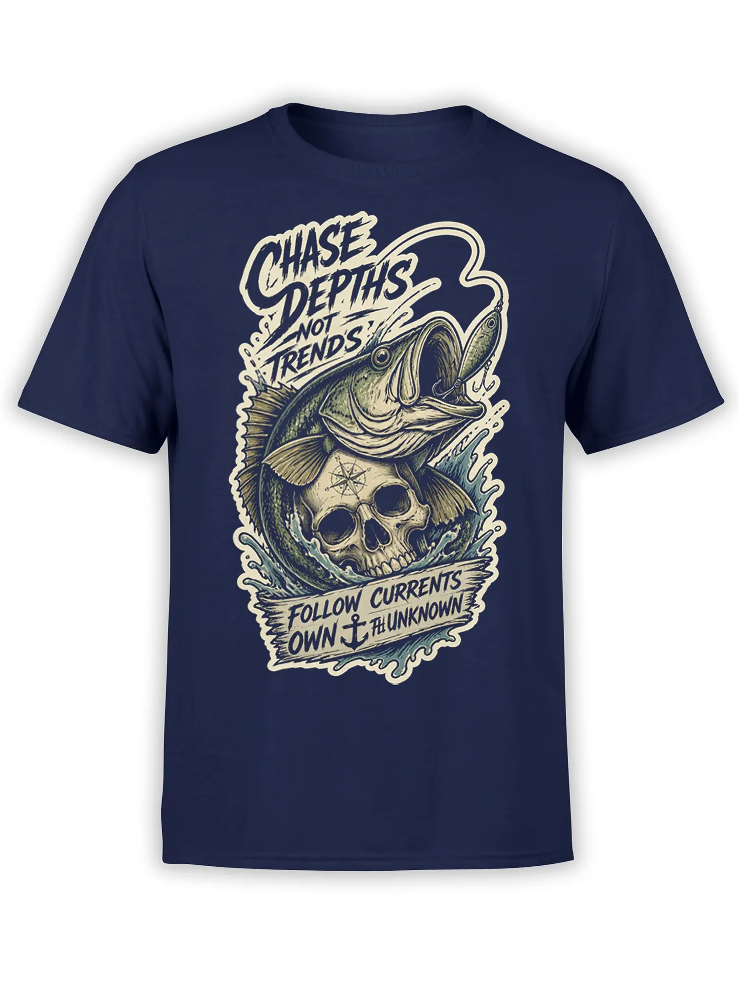 Navy fishing T-shirt with a vintage fish, skull, compass, waves, and “Chase Depths Not Trends” lettering