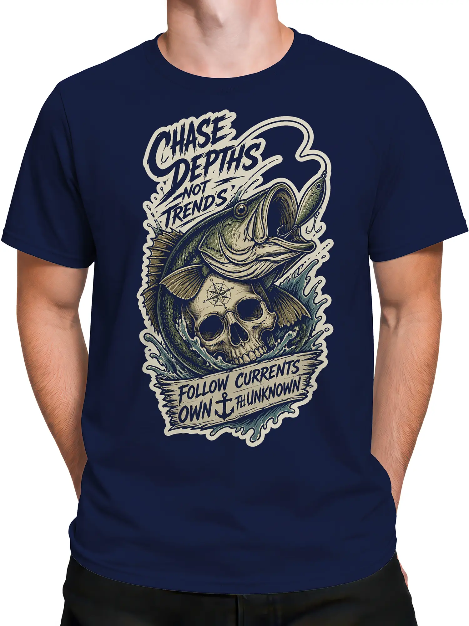 Male torso wearing a navy fishing T-shirt with a vintage fish skull and compass graphic
