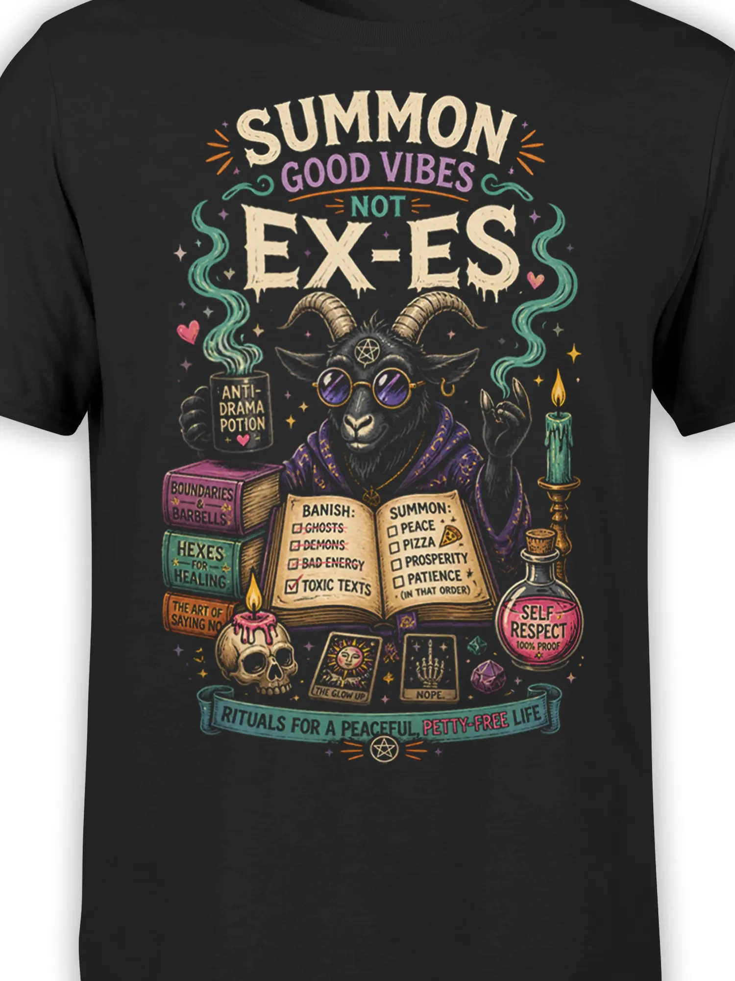 Close-up of horned goat occult artwork with purple glasses, potion bottle, candles, and colorful ritual details