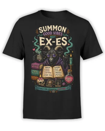 Black T-shirt with a horned goat, mystical objects, and the text “Summon Good Vibes Not Ex-Es”