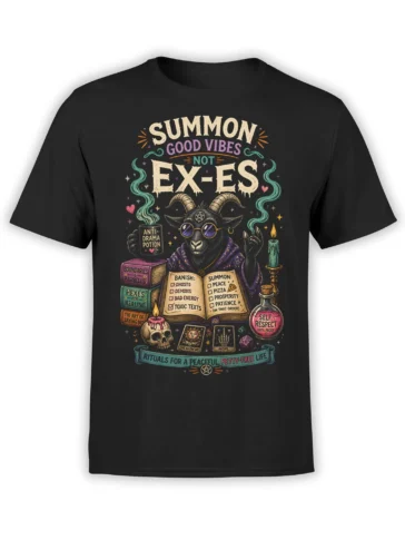 Black T-shirt with a horned goat, mystical objects, and the text “Summon Good Vibes Not Ex-Es”