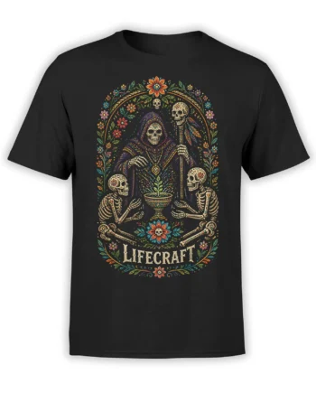 Black T-shirt with colorful floral skull and skeleton artwork, a hooded figure, and LIFECRAFT lettering