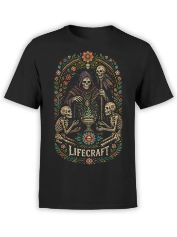 Black T-shirt with colorful floral skull and skeleton artwork, a hooded figure, and LIFECRAFT lettering