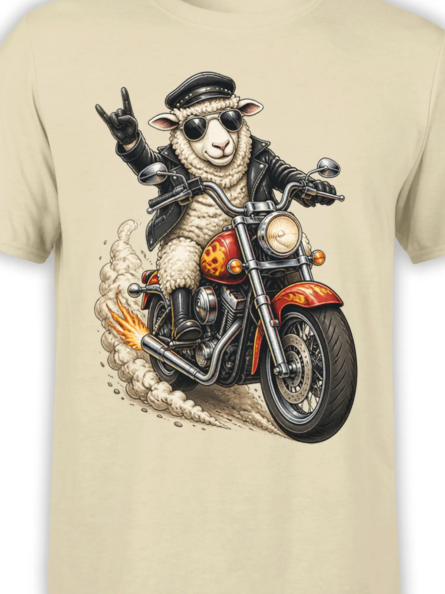 Close-up of sheep biker motorcycle artwork with sunglasses, leather jacket, flames, and smoke