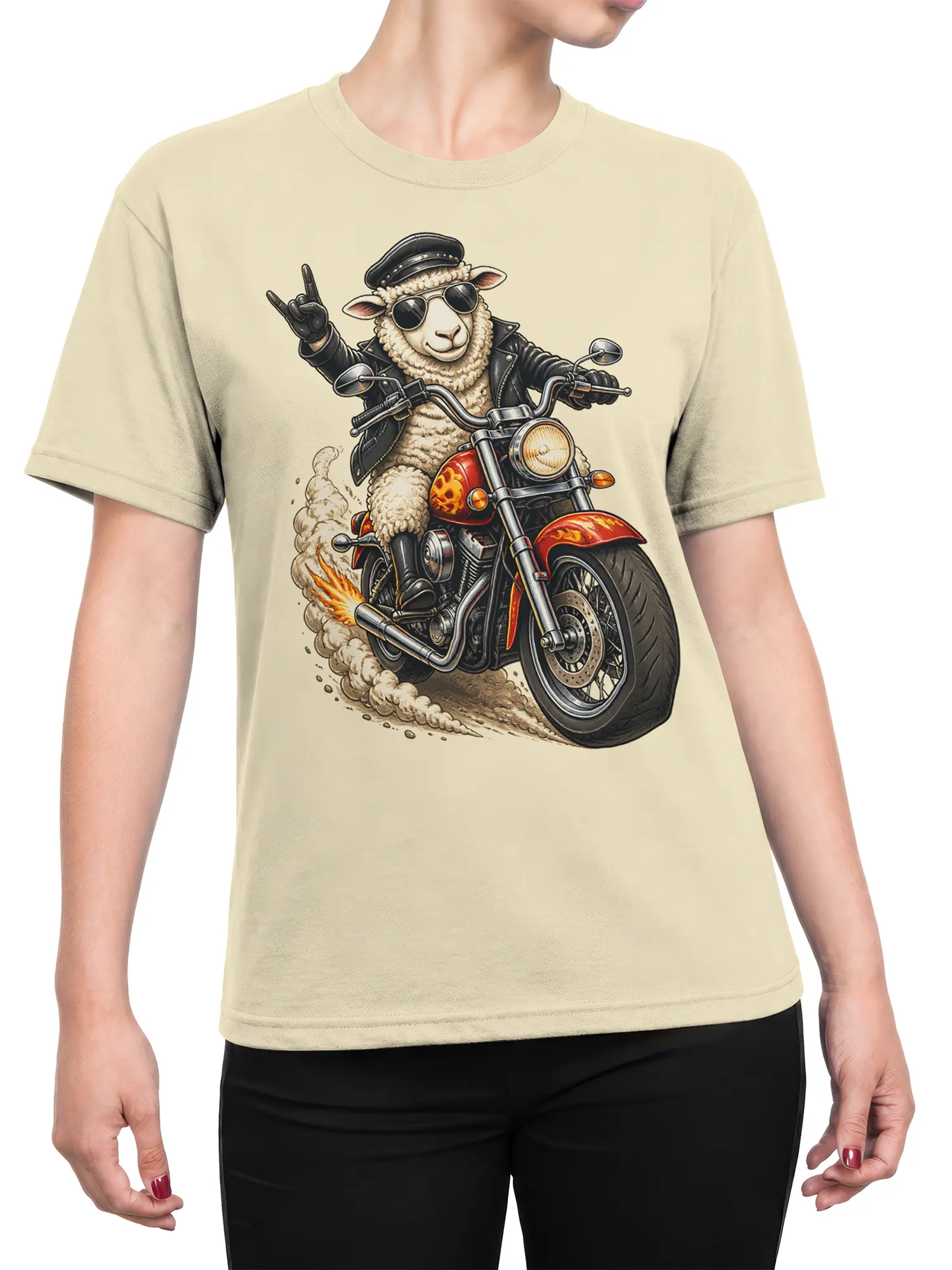 Female torso wearing a beige sheep biker T-shirt with motorcycle, flames, and smoke artwork