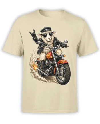 Beige T-shirt with a sheep biker wearing sunglasses and a leather jacket on a motorcycle