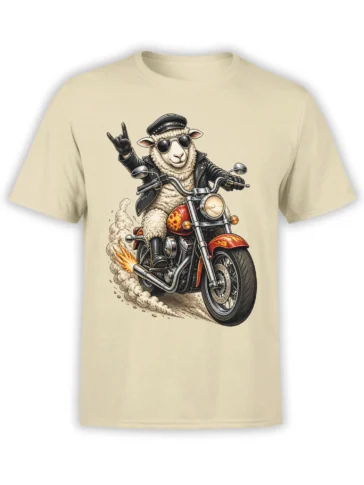 Beige T-shirt with a sheep biker wearing sunglasses and a leather jacket on a motorcycle