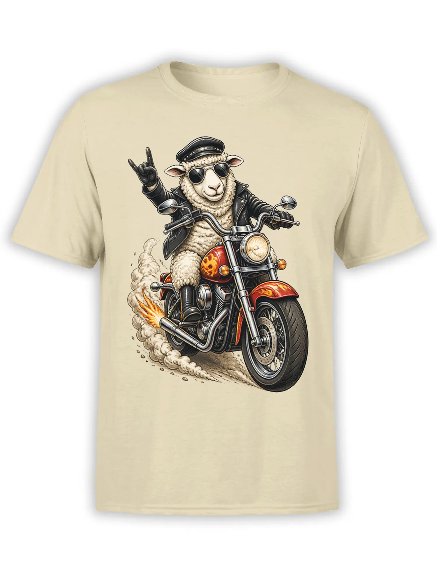Beige T-shirt with a sheep biker wearing sunglasses and a leather jacket on a motorcycle