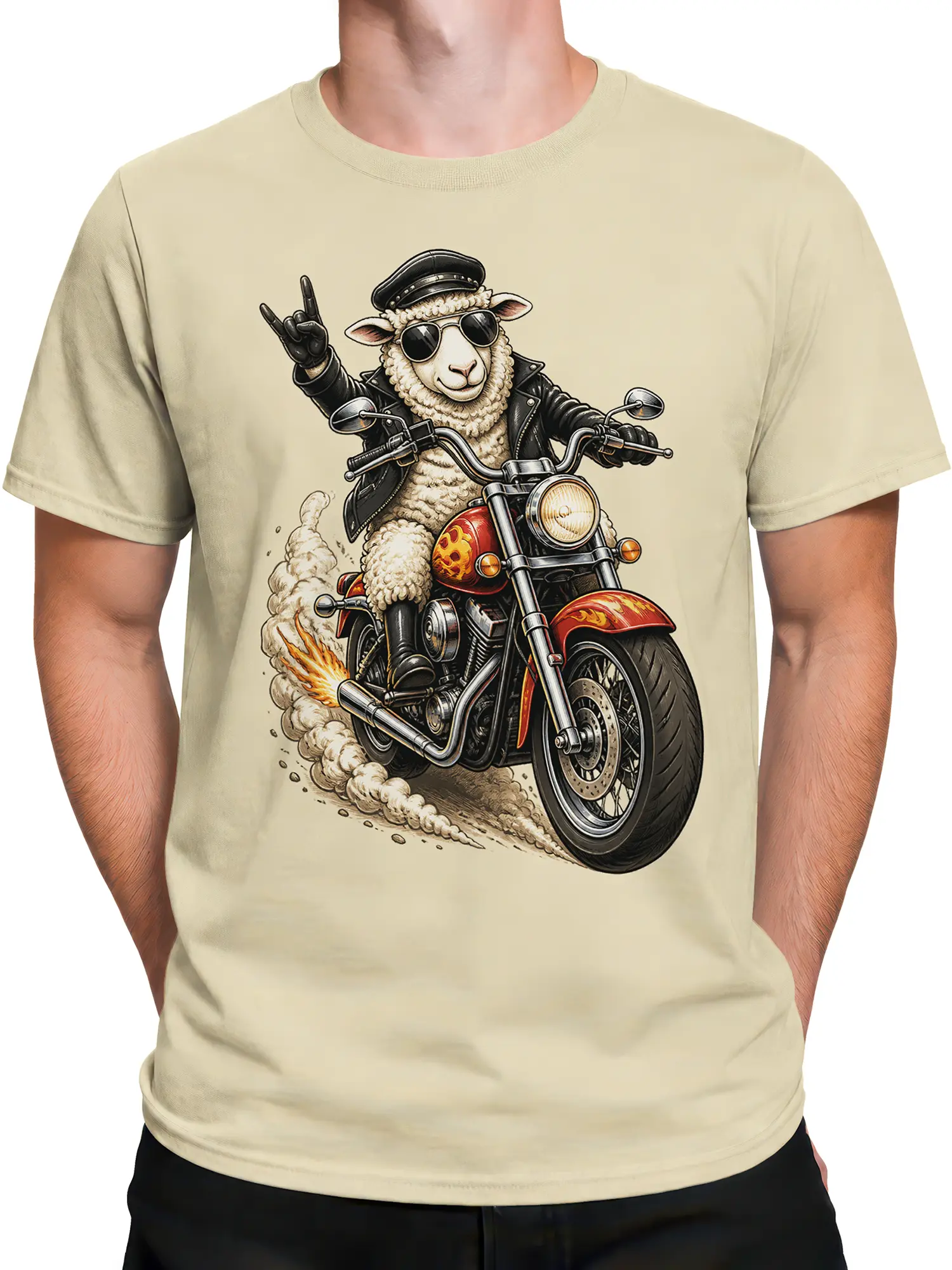 Male torso wearing a beige sheep biker T-shirt with sunglasses and motorcycle artwork