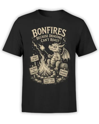 Black T-shirt with a vintage dragon roasting a marshmallow beside a campfire and funny fantasy signs