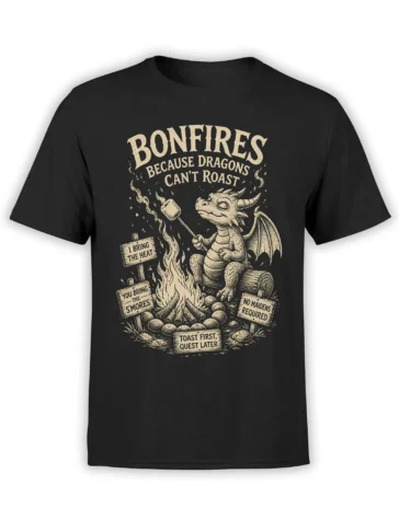 Black T-shirt with a vintage dragon roasting a marshmallow beside a campfire and funny fantasy signs
