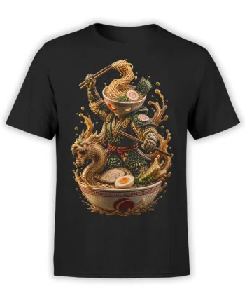 Black T-shirt featuring an armored noodle warrior rising from ramen with chopsticks and a dragon