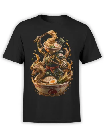Black T-shirt featuring an armored noodle warrior rising from ramen with chopsticks and a dragon