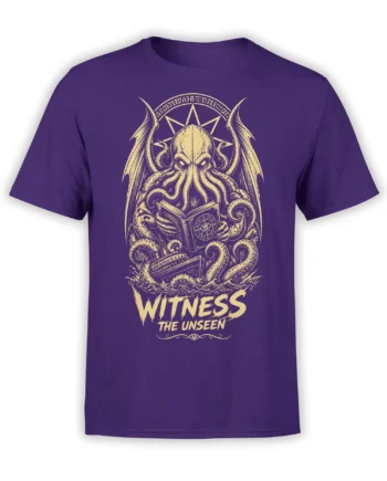 Purple T-shirt with a winged octopus reading an occult book above a ship and “WITNESS THE UNSEEN” text