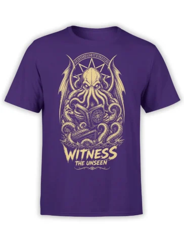 Purple T-shirt with a winged octopus reading an occult book above a ship and “WITNESS THE UNSEEN” text
