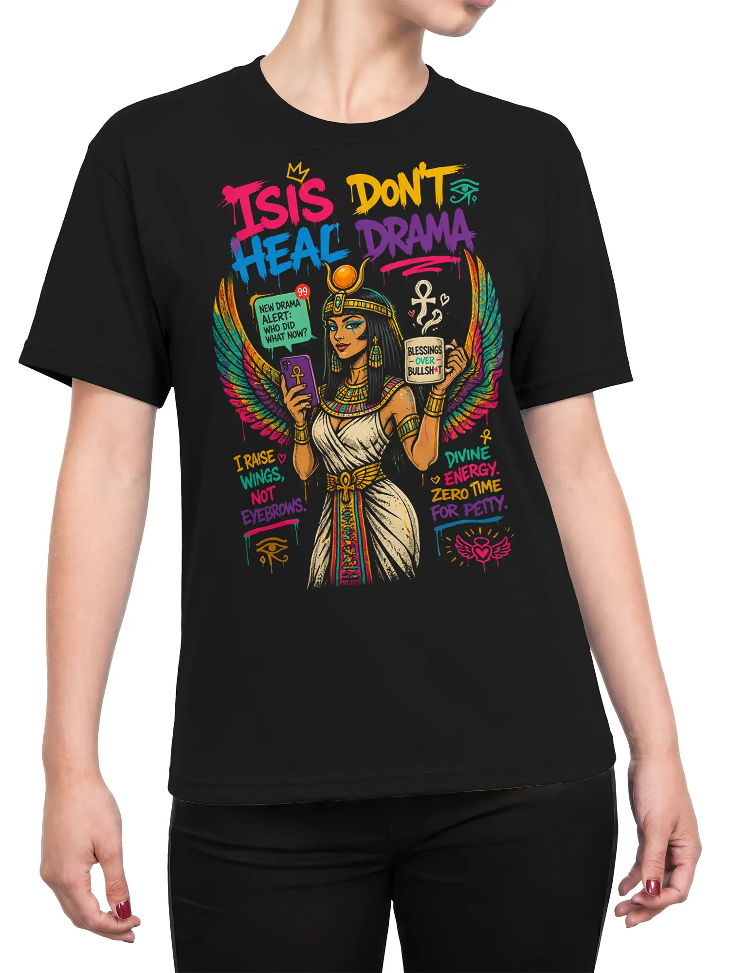 Female torso wearing a black T-shirt with colorful Egyptian-inspired winged woman artwork