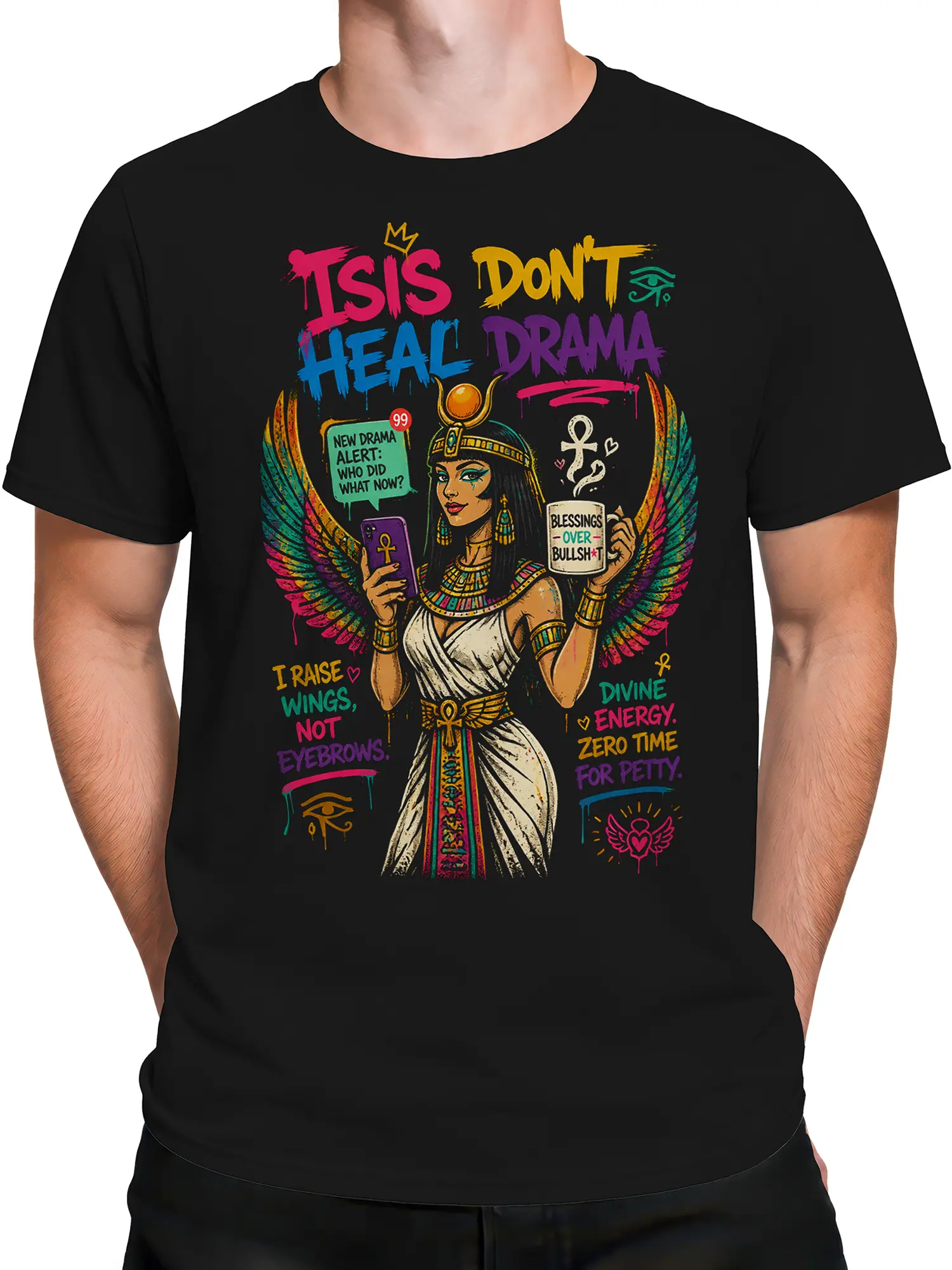 Male torso wearing a black T-shirt with Egyptian-inspired winged woman and colorful drama lettering