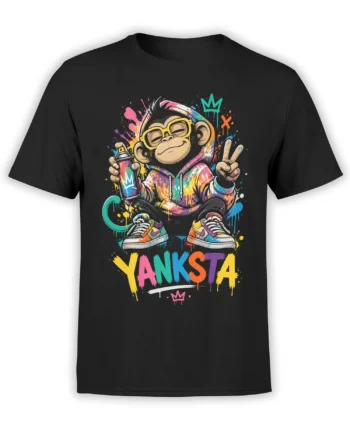 Colorful graffiti monkey in yellow glasses and a paint-splashed hoodie on a black T-shirt