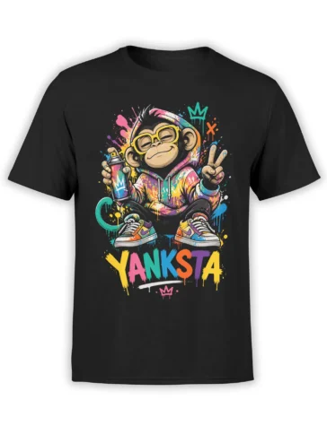 Colorful graffiti monkey in yellow glasses and a paint-splashed hoodie on a black T-shirt