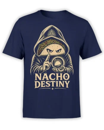 Vintage taco fortune teller graphic with an all-seeing eye and Nacho Destiny text on a navy T-shirt