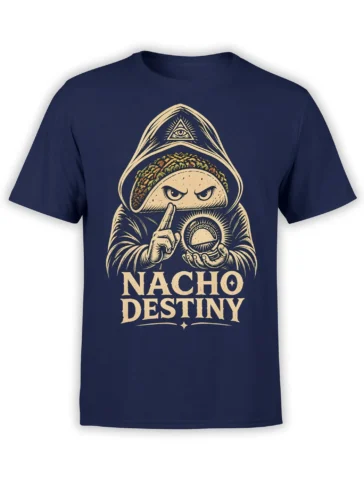 Vintage taco fortune teller graphic with an all-seeing eye and Nacho Destiny text on a navy T-shirt