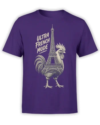 Purple French T-shirt with a vintage rooster, Eiffel Tower graphic, and “Ultra French Mode” lettering