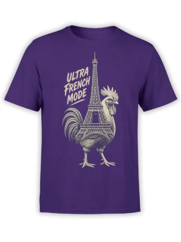 Purple French T-shirt with a vintage rooster, Eiffel Tower graphic, and “Ultra French Mode” lettering