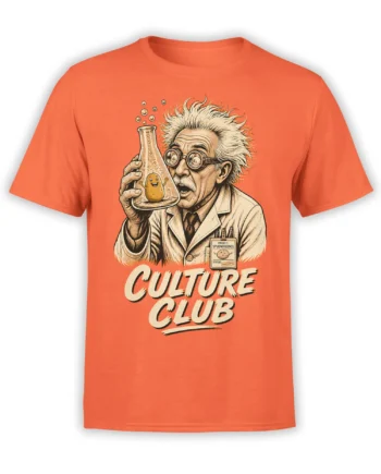 Orange science T-shirt with a vintage scientist holding a flask containing a smiling potato