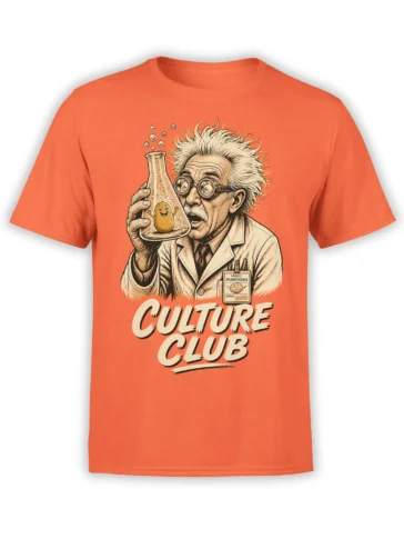 Orange science T-shirt with a vintage scientist holding a flask containing a smiling potato