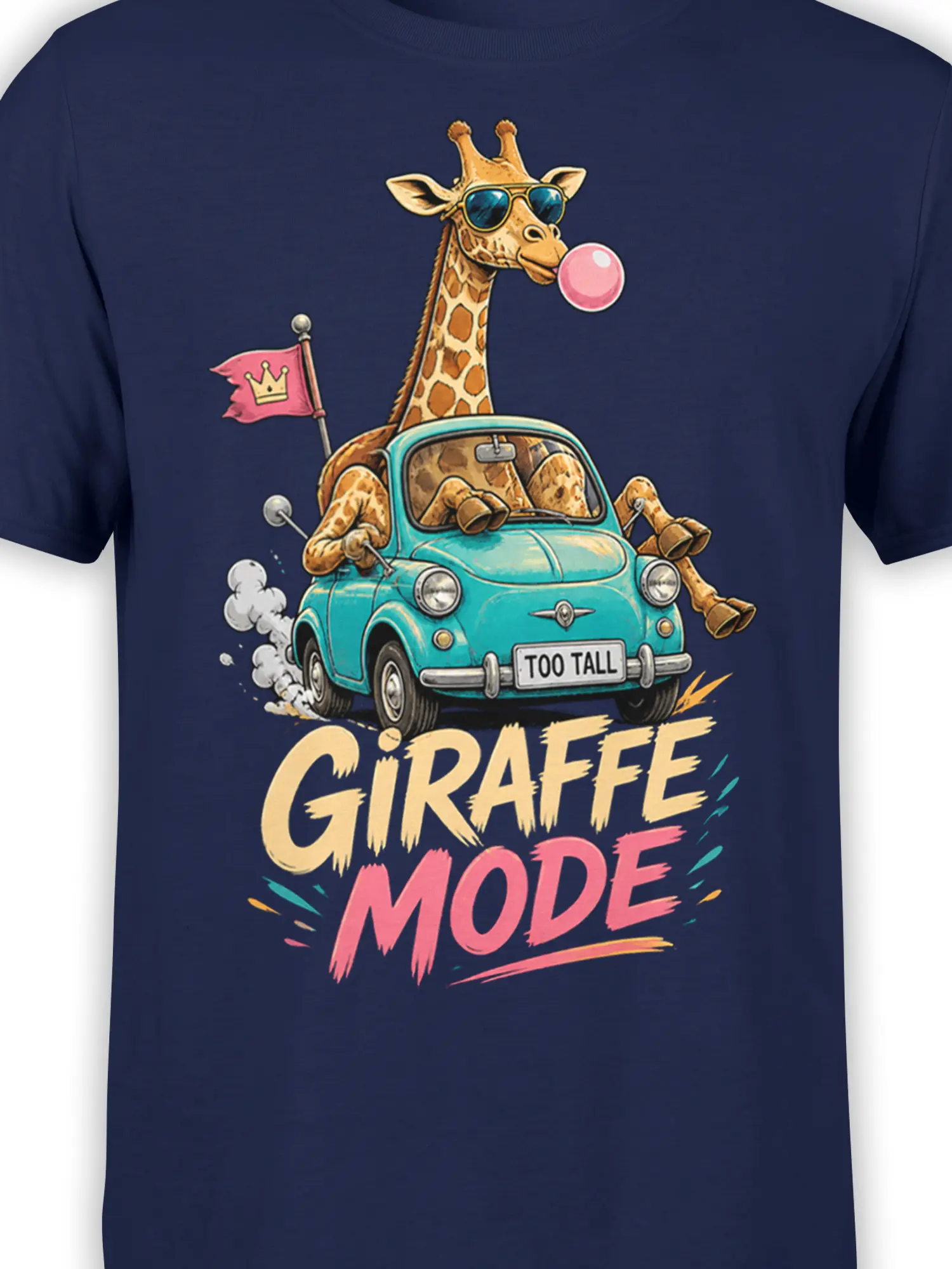 Close-up of the giraffe, pink bubblegum, turquoise car, and “GIRAFFE MODE” artwork on a navy T-shirt