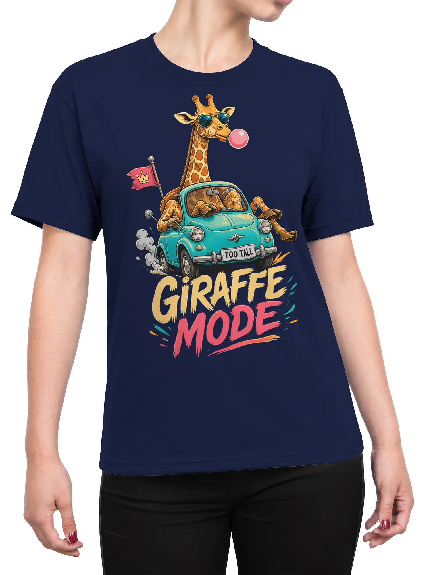 Female torso wearing a navy T-shirt with a sunglasses-wearing giraffe driving a tiny turquoise car
