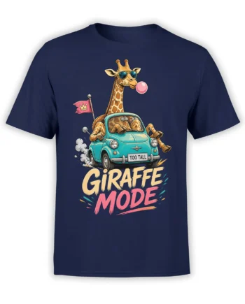 Giraffe in sunglasses driving a tiny turquoise car with “TOO TALL” text on a navy T-shirt