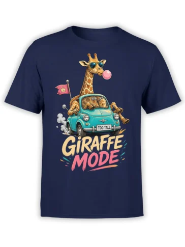 Giraffe in sunglasses driving a tiny turquoise car with “TOO TALL” text on a navy T-shirt