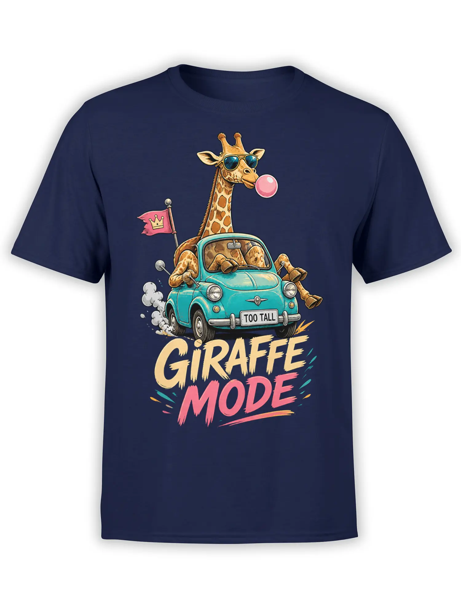 Giraffe in sunglasses driving a tiny turquoise car with “TOO TALL” text on a navy T-shirt