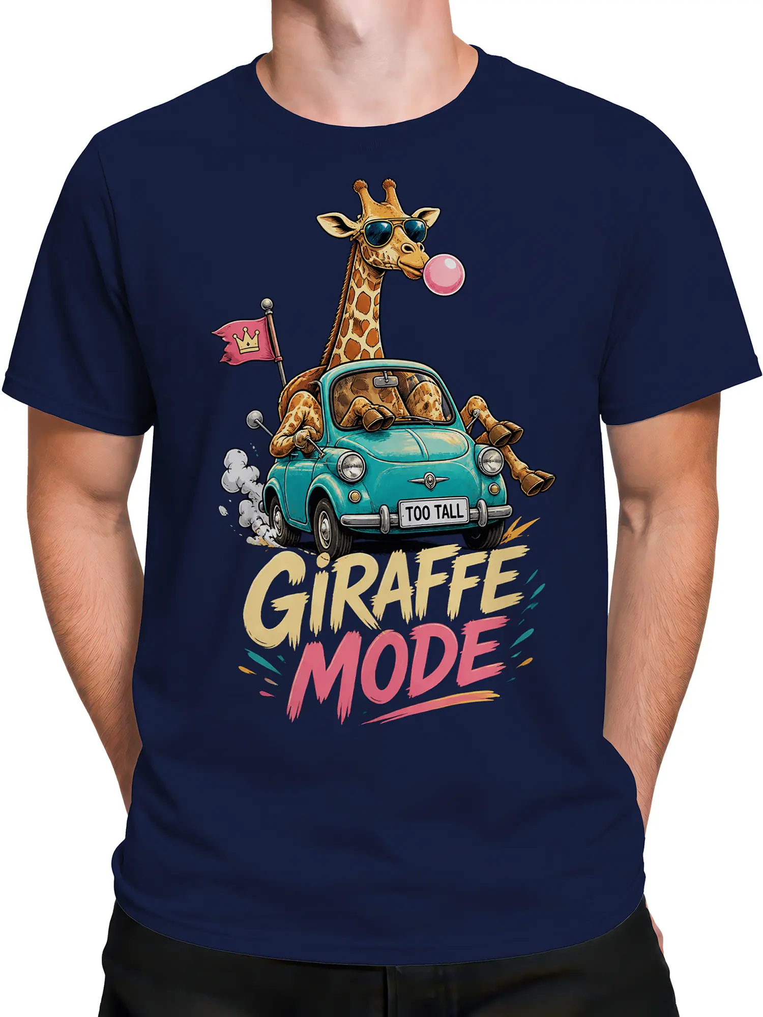 Male torso wearing a navy T-shirt with a tall giraffe driving a turquoise car graphic