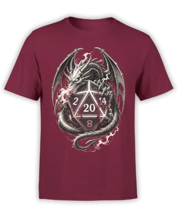 Winged dragon wrapped around a numbered gaming die on a burgundy fantasy T-shirt