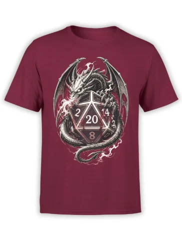 Winged dragon wrapped around a numbered gaming die on a burgundy fantasy T-shirt