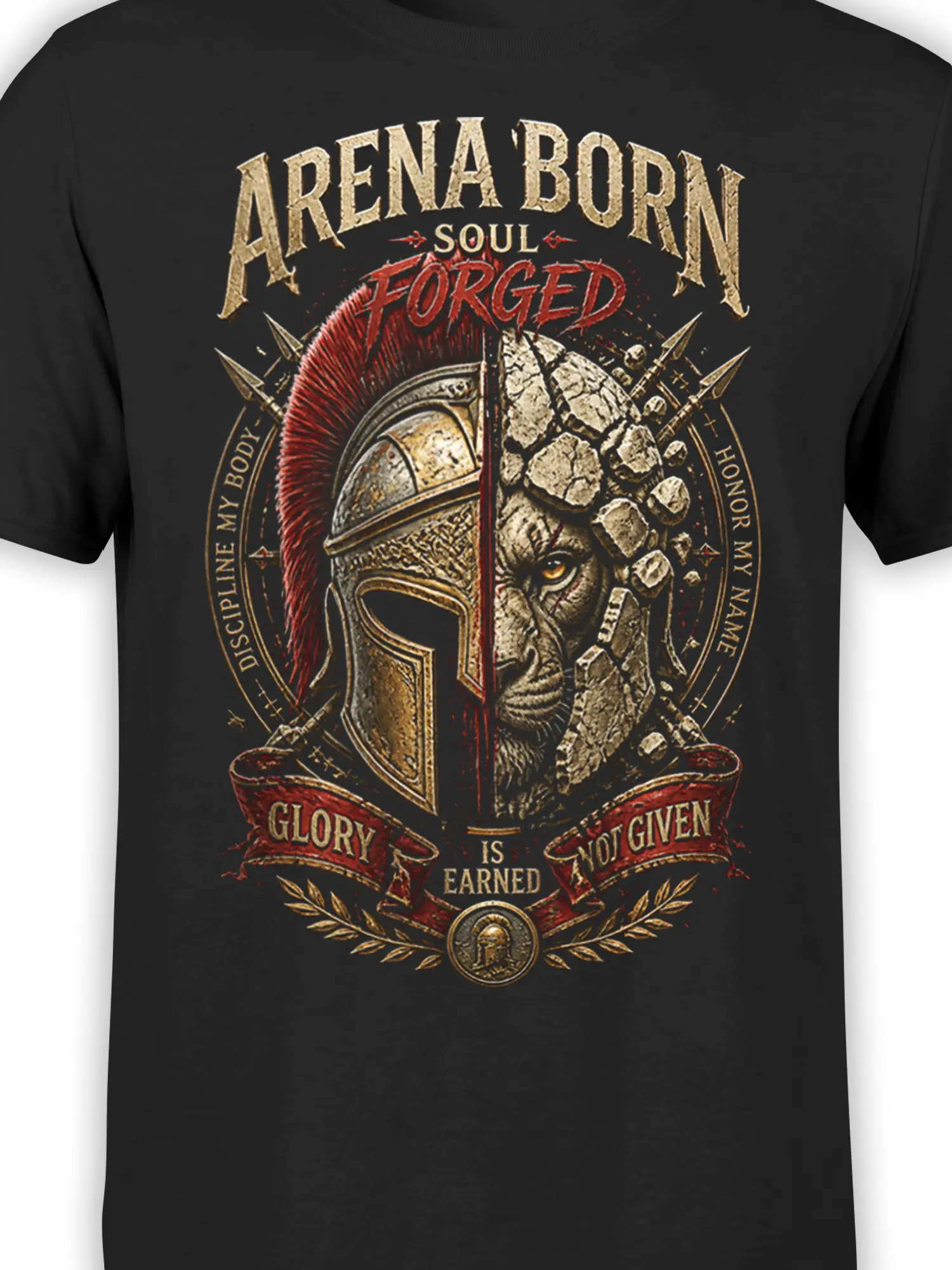 Close-up of black gladiator graphic showing split metal armor, cracked stone face, red crest, and “Soul Forged” text