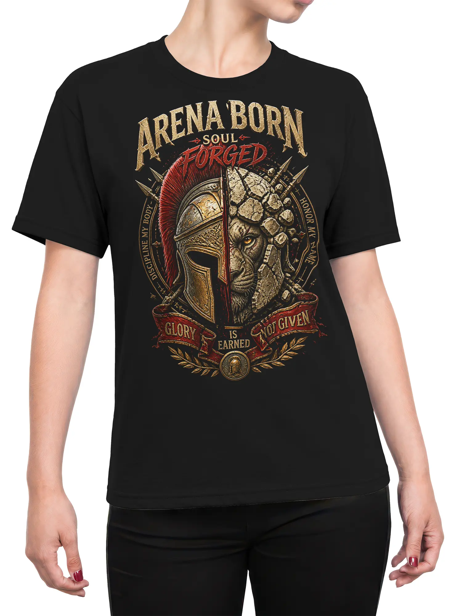 Female torso wearing a black gladiator T-shirt with split helmet artwork, red crest, laurel branches, and bold lettering