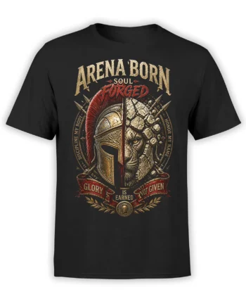 Black gladiator T-shirt with split armor and stone face design, red crest, laurel, and earned glory lettering