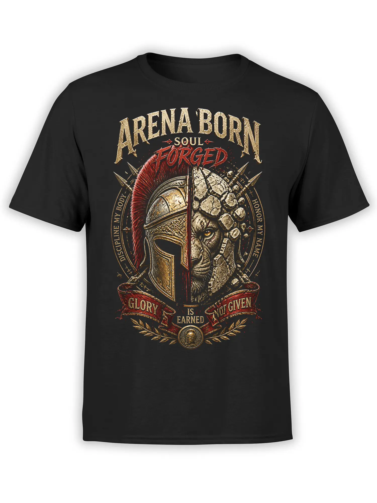Black gladiator T-shirt with split armor and stone face design, red crest, laurel, and earned glory lettering