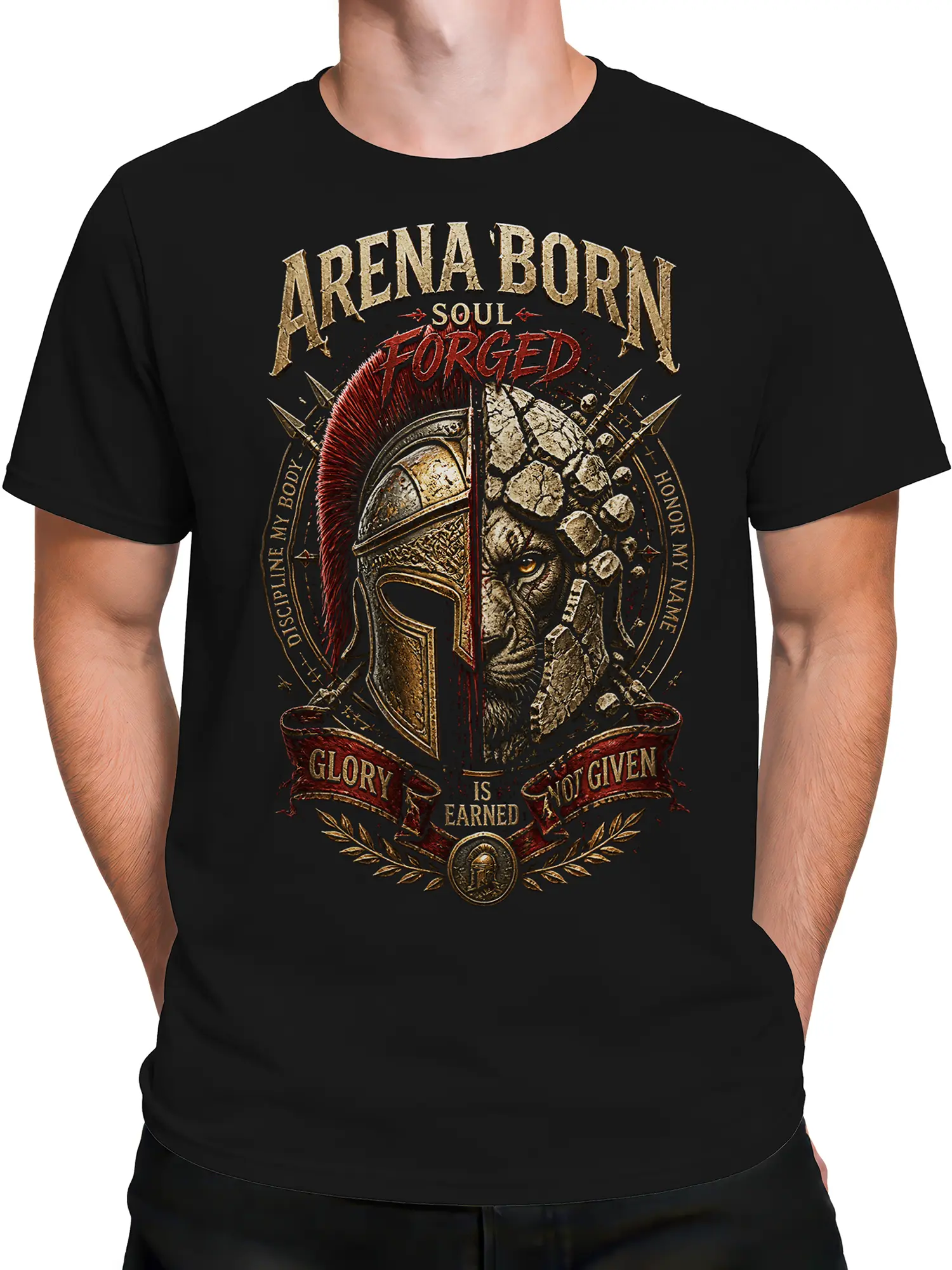 Male torso wearing a black gladiator T-shirt with armored helmet, cracked stone warrior face, and red arena details